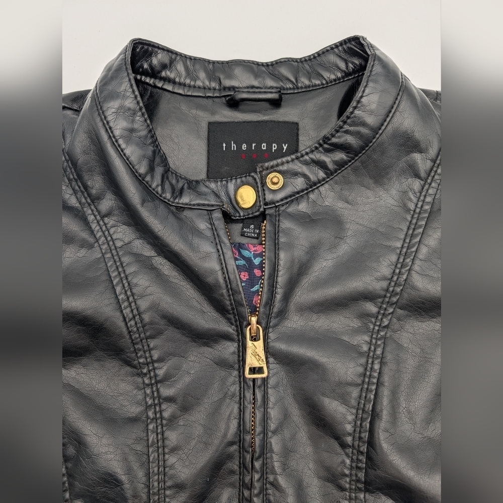 Therapy Faux Leather Jacket Lined Biker Moto Brassy Gold Accents Women Size S - Picture 6 of 17